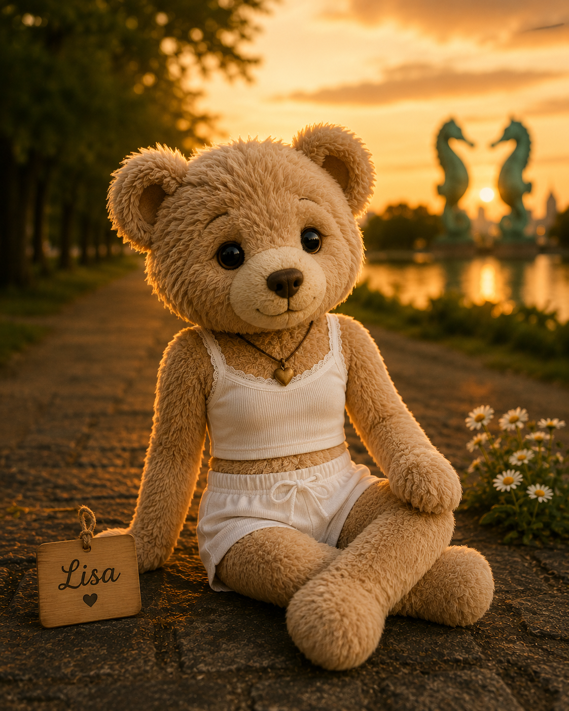 Lisa, ein freundlicher Teddy im Abendlicht